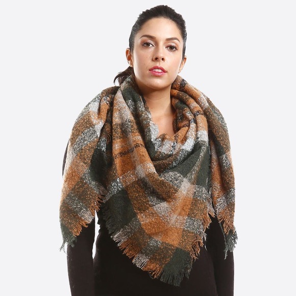 Judson & Co Accessories - Brown Olive Black Cream Plaid Frayed Blanket Scarf